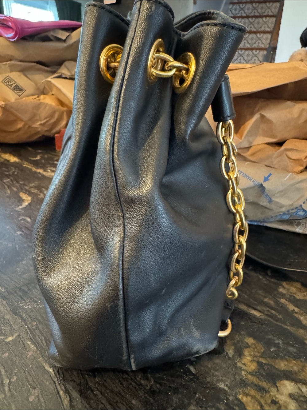 Tory Burch Black Leather Mini Drawstring Bucket Bag with Gold Chain - Picture 7 of 13